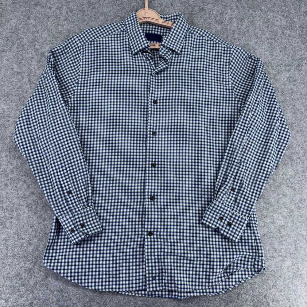 David Donahue Mens Large Blue Green Gingham Plaid Cotton Button Down Shirt L